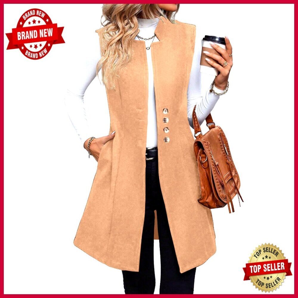 Large Wool Blend Long Vest Sleeveless Trench Coat Classic Fit